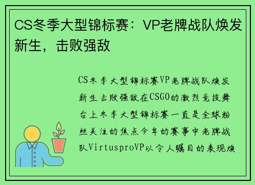 CS冬季大型锦标赛：VP老牌战队焕发新生，击败强敌